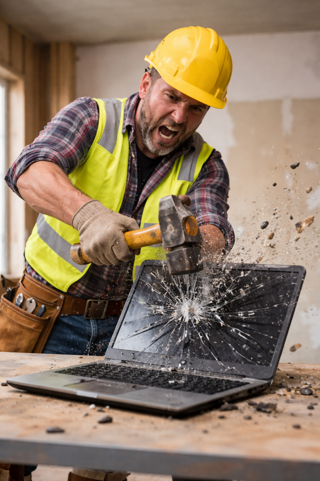 Frustrated contractor with computer